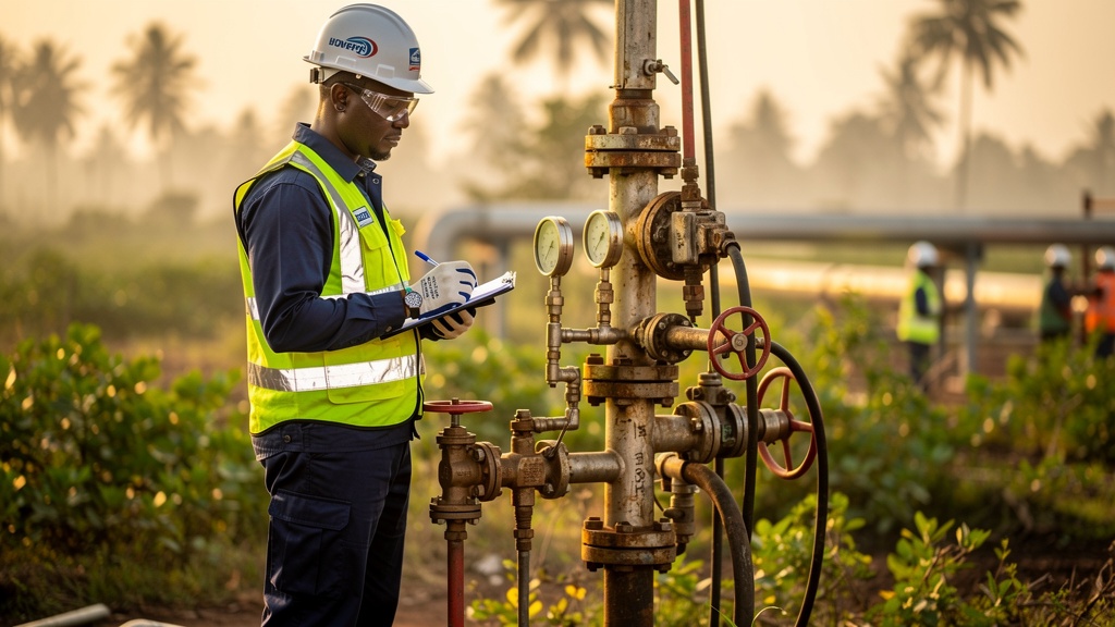 Nigerian HSE officer conducting safety inspection at oilfield wellhead