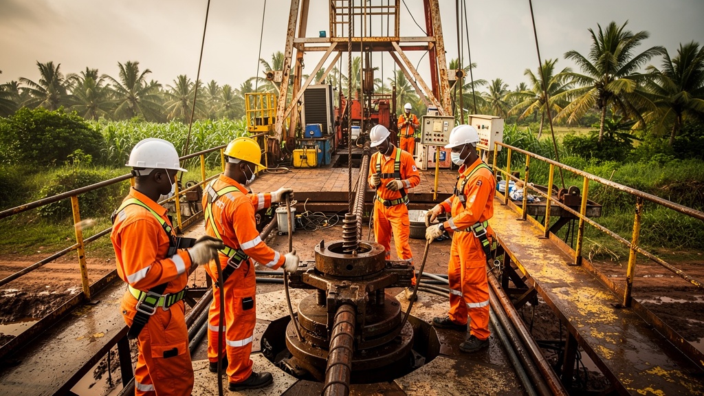 Nigerian rig crew on onshore drilling rig floor Niger Delta