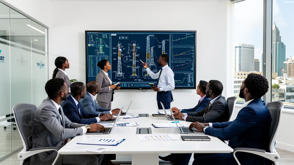 Nigerian petroleum engineering team reviewing well schematics Lagos office