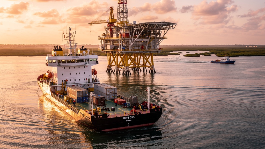 Offshore supply vessel approaching oil platform Nigerian coastal waters