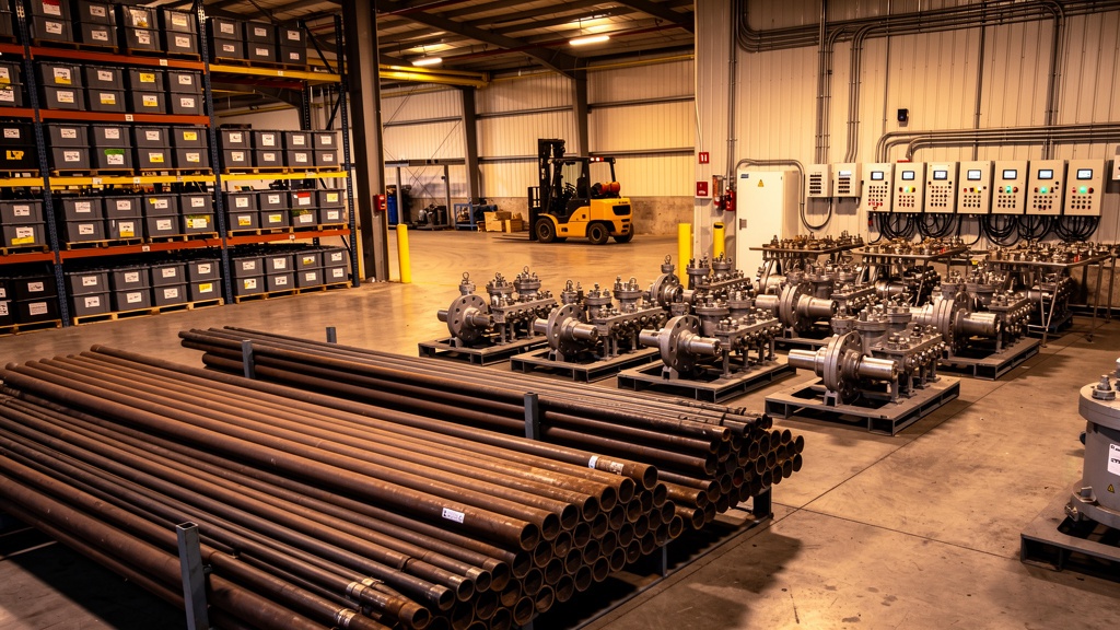 Oil and gas equipment warehouse with OCTG pipes, valves, spares and instrumentation